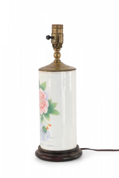 Chinese White and Floral Column Porcelain Table Lamp