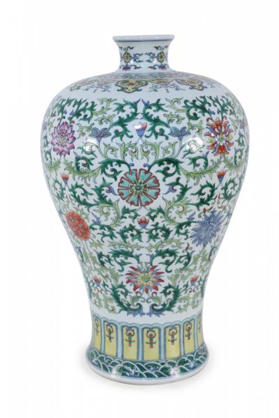 Chinese White and Multicolor Floral and Vine Motif Meiping Porcelain Urn