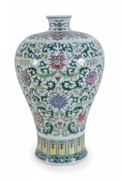 Chinese White and Multicolor Floral and Vine Motif Meiping Porcelain Urn