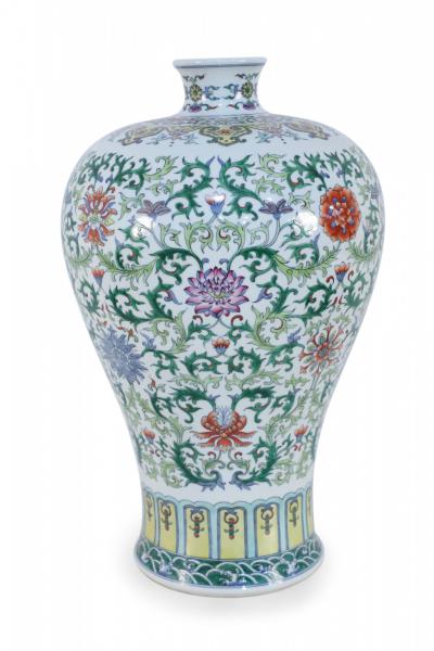 Chinese White and Multicolor Floral and Vine Motif Meiping Porcelain Urn