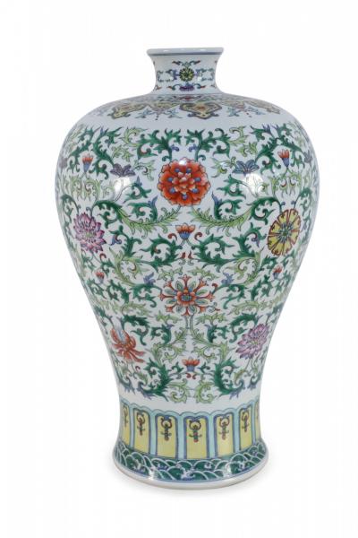 Chinese White and Multicolor Floral and Vine Motif Meiping Porcelain Urn