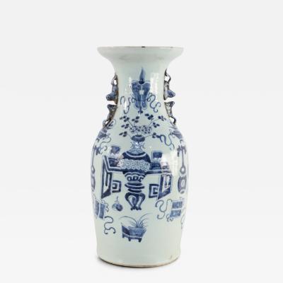 Chinese White and Navy Blue Patterned Handled Porcelain Urn