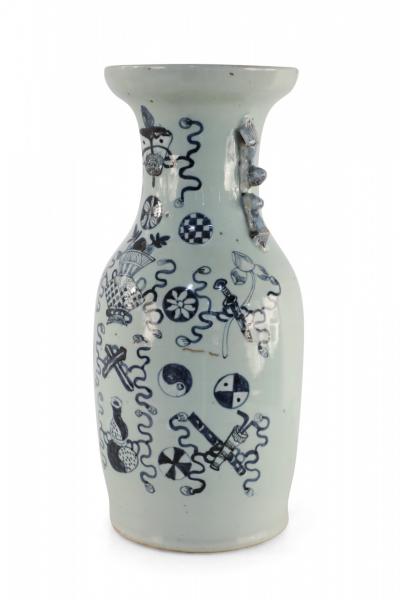 Chinese White and Navy Blue Symbol Patterned Porcelain Urn