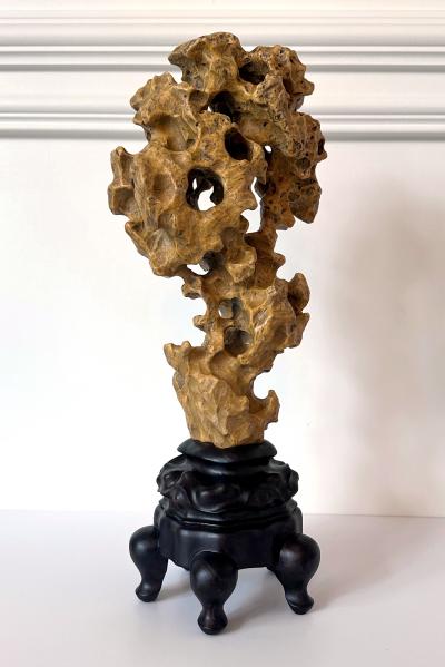 Chinese Yellow Scholar Taihu Stone on Wood Stand
