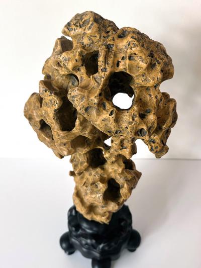 Chinese Yellow Scholar Taihu Stone on Wood Stand