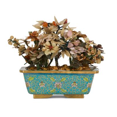 Chinese agate jade and rose quartz flower model in a cloisonn enamel pot