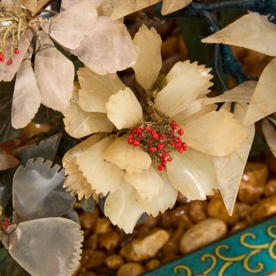 Chinese agate jade and rose quartz flower model in a cloisonn enamel pot