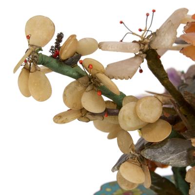 Chinese agate jade and rose quartz flower model in a cloisonn enamel pot