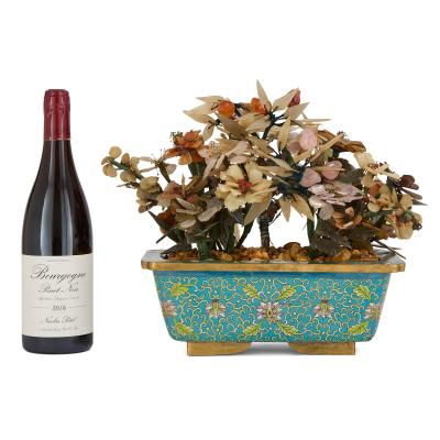 Chinese agate jade and rose quartz flower model in a cloisonn enamel pot