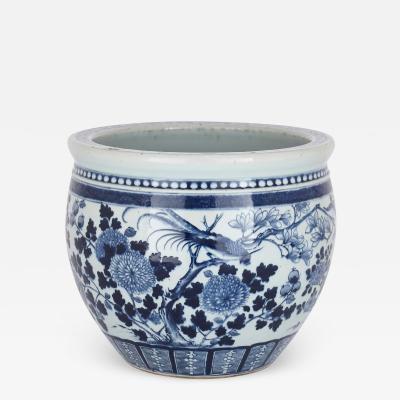 Chinese blue and white antique ceramic jardiniere with floral designs