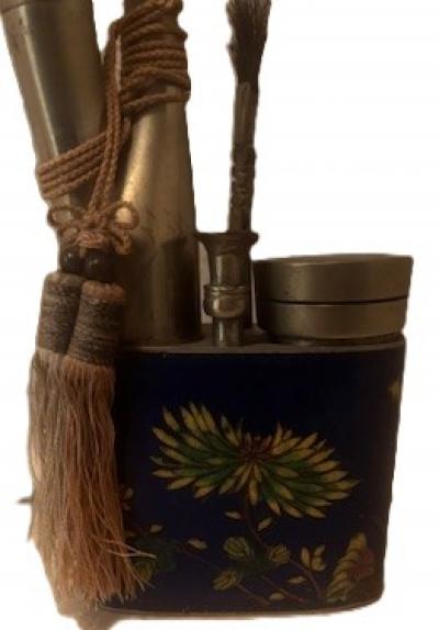 Chinese cloisonne opium pipe with utensils