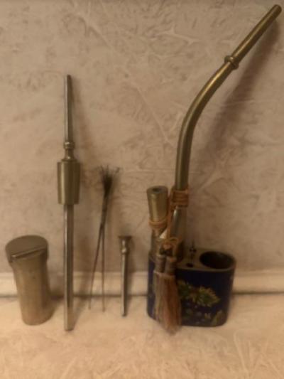 Chinese cloisonne opium pipe with utensils