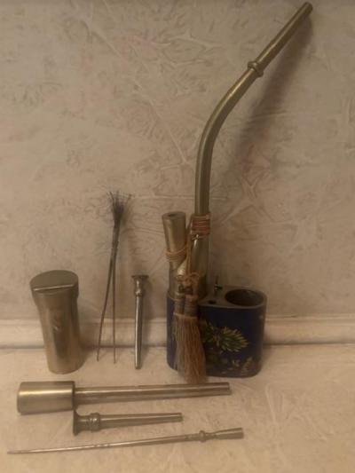 Chinese cloisonne opium pipe with utensils