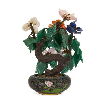 Chinese hardstone floral tree in a cloisonn enamel planter