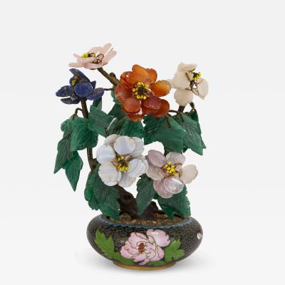 Chinese hardstone floral tree in a cloisonn enamel planter