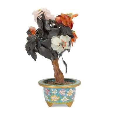 Chinese hardstone flower model in a cloisonn enamel flowerpot