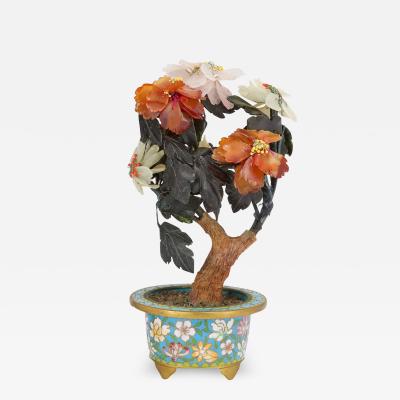 Chinese hardstone flower model in a cloisonn enamel flowerpot