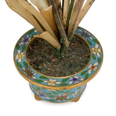 Chinese hardstone flower model in a cloisonn enamel planter