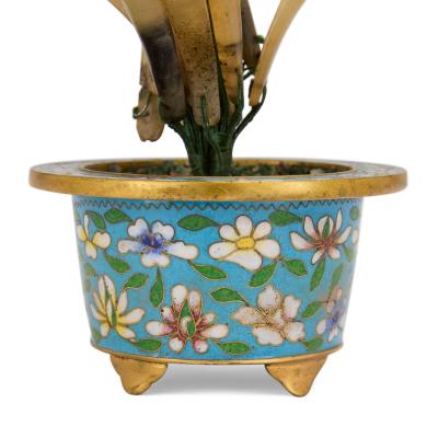 Chinese hardstone flower model in a cloisonn enamel planter