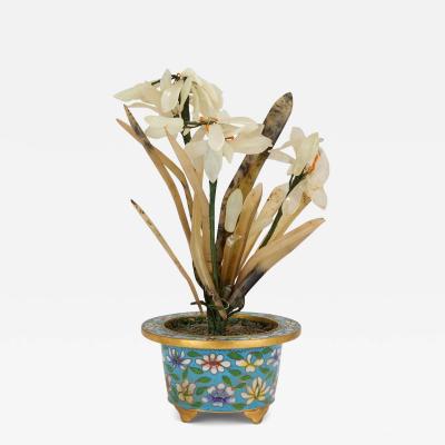 Chinese hardstone flower model in a cloisonn enamel planter