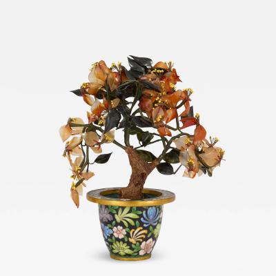 Chinese hardstone flower model in a cloisonn enamel pot