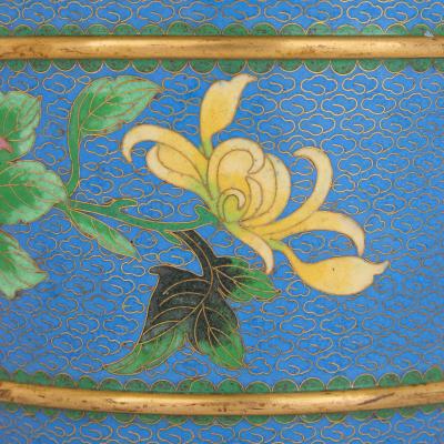 Chinese hardstone model of cherry blossom in a cloisonn enamel planter