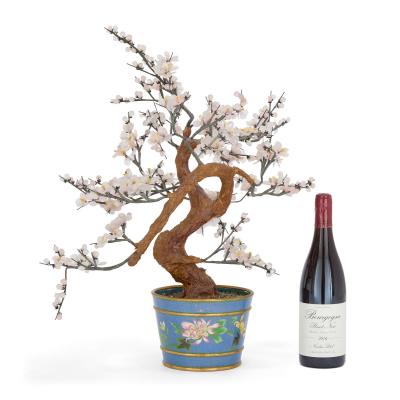 Chinese hardstone model of cherry blossom in a cloisonn enamel planter
