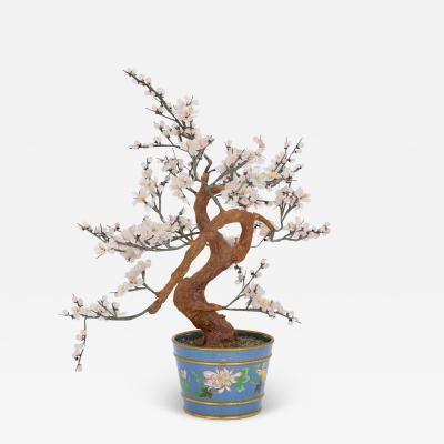 Chinese hardstone model of cherry blossom in a cloisonn enamel planter