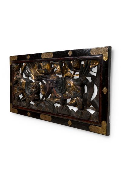 Chinese horizontal filigree carved wall plaque with foo dogs