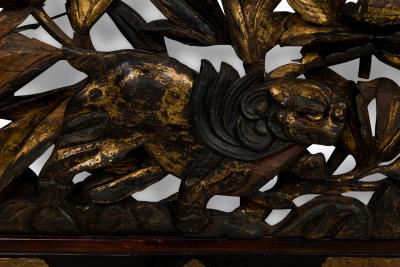 Chinese horizontal filigree carved wall plaque with foo dogs