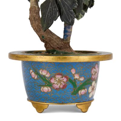 Chinese jade carnelian and quartz flower model in a cloisonn enamel planter