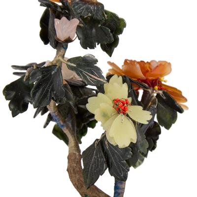 Chinese jade carnelian and quartz flower model in a cloisonn enamel planter