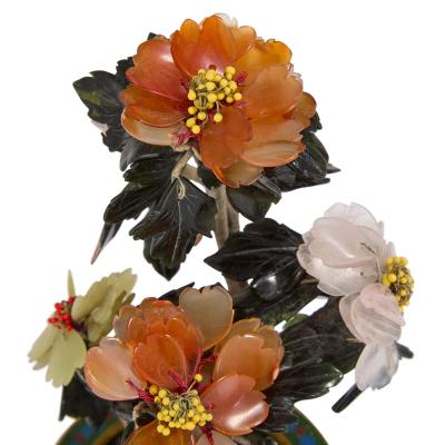 Chinese jade carnelian and quartz flower model in a cloisonn enamel planter