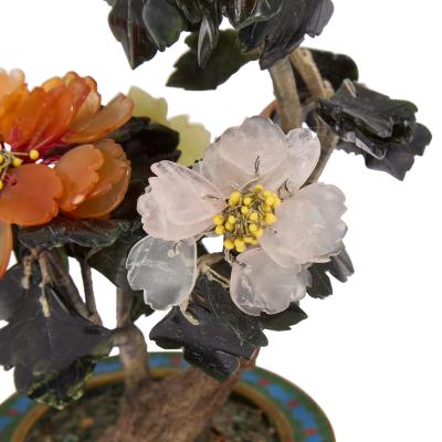 Chinese jade carnelian and quartz flower model in a cloisonn enamel planter