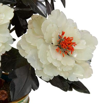 Chinese nephrite and agate peonies model in a cloisonn enamel pot