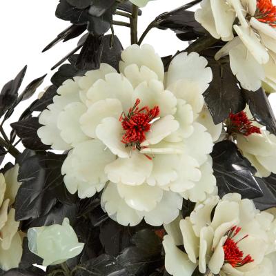 Chinese nephrite and agate peonies model in a cloisonn enamel pot