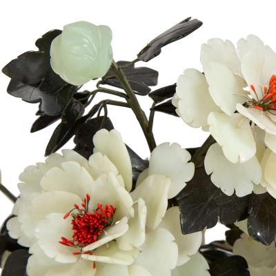 Chinese nephrite and agate peonies model in a cloisonn enamel pot