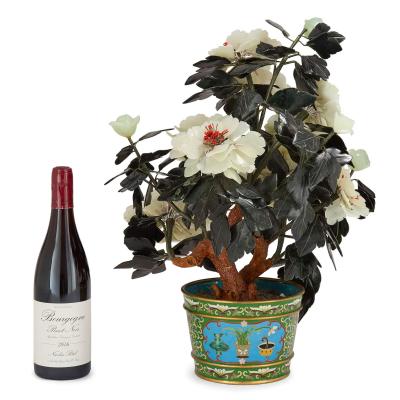 Chinese nephrite and agate peonies model in a cloisonn enamel pot