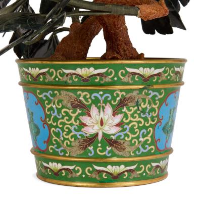 Chinese nephrite and agate peonies model in a cloisonn enamel pot