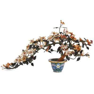 Chinese rose quartz agate and nephrite flower model in a cloisonn enamel pot