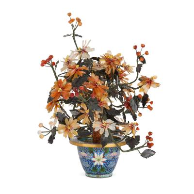 Chinese rose quartz agate and nephrite flower model in a cloisonn enamel pot