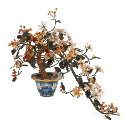 Chinese rose quartz agate and nephrite flower model in a cloisonn enamel pot