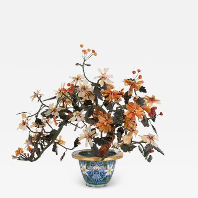 Chinese rose quartz agate and nephrite flower model in a cloisonn enamel pot
