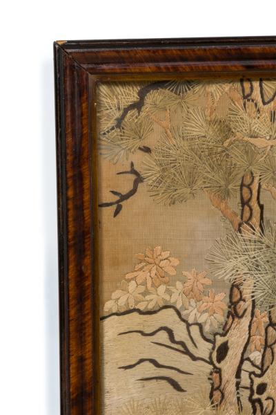 Chinese silk embroidery of herons on land and lake in a mahogany frame
