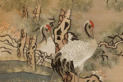Chinese silk embroidery of herons on land and lake in a mahogany frame