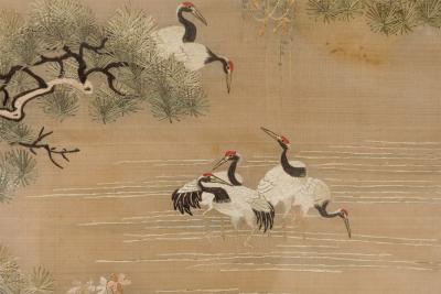 Chinese silk embroidery of herons on land and lake in a mahogany frame
