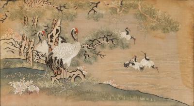 Chinese silk embroidery of herons on land and lake in a mahogany frame