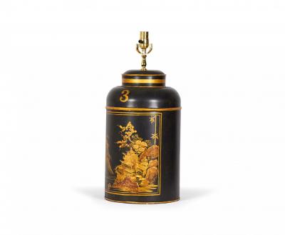 Chinoiserie Black and Gold Landscape Hand Painted Tole Tea Caddy Table Lamp