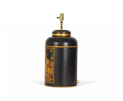 Chinoiserie Black and Gold Landscape Hand Painted Tole Tea Caddy Table Lamp