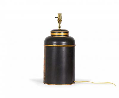 Chinoiserie Black and Gold Landscape Hand Painted Tole Tea Caddy Table Lamp